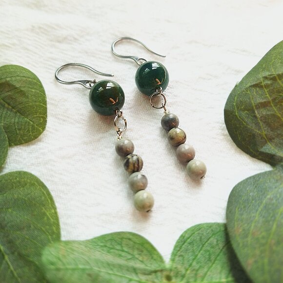Dark Green Agate Jasper Silver Dangle Earrings Boho Chic Hippie Gifts Summer - Picture 5 of 7